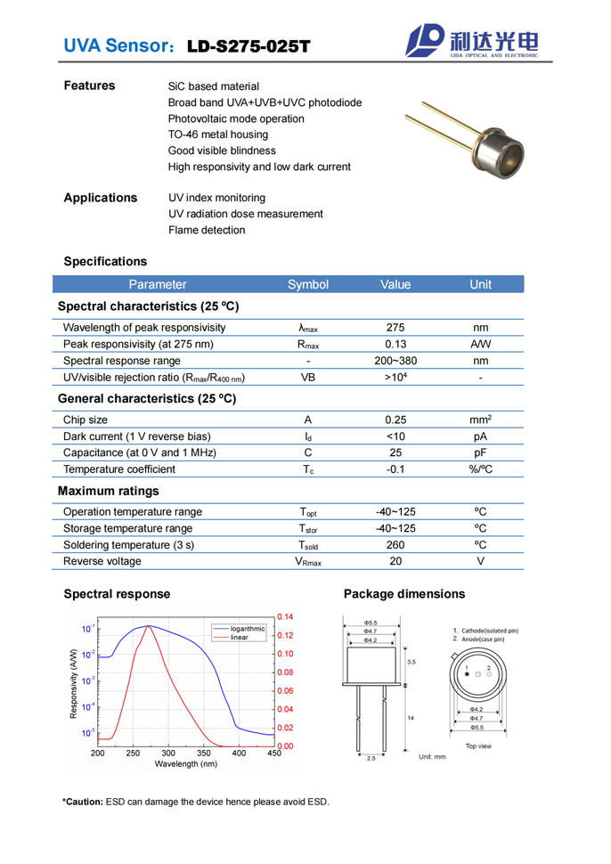 SiC series UVA sensor LD-S275-025T