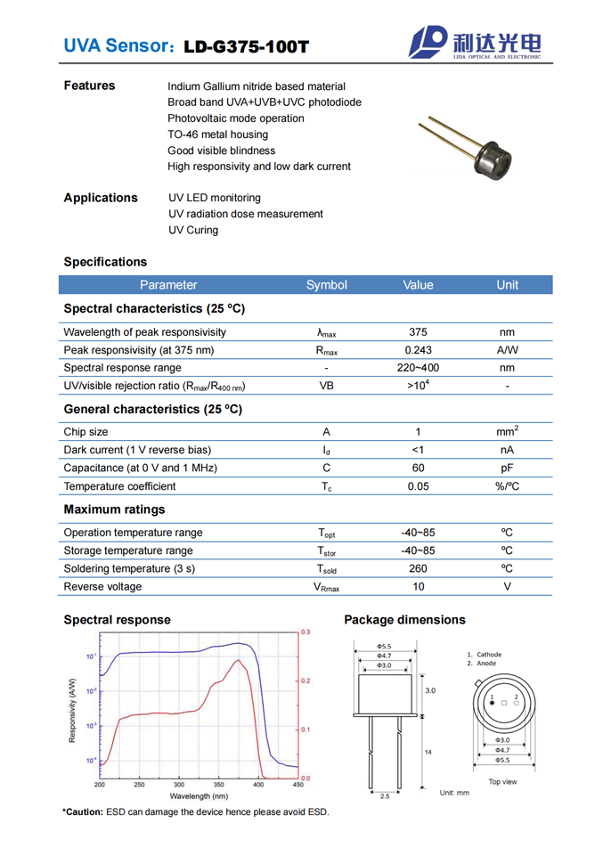 GaN series UVA sensor LD-G375-100T